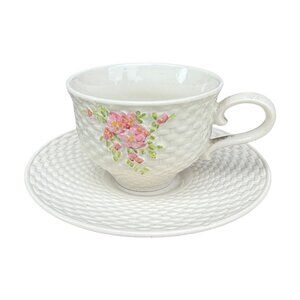 Vintage 1985 Teleflora Basketweave Ceramic Tea Cup & Saucer With Pink Floral Acc